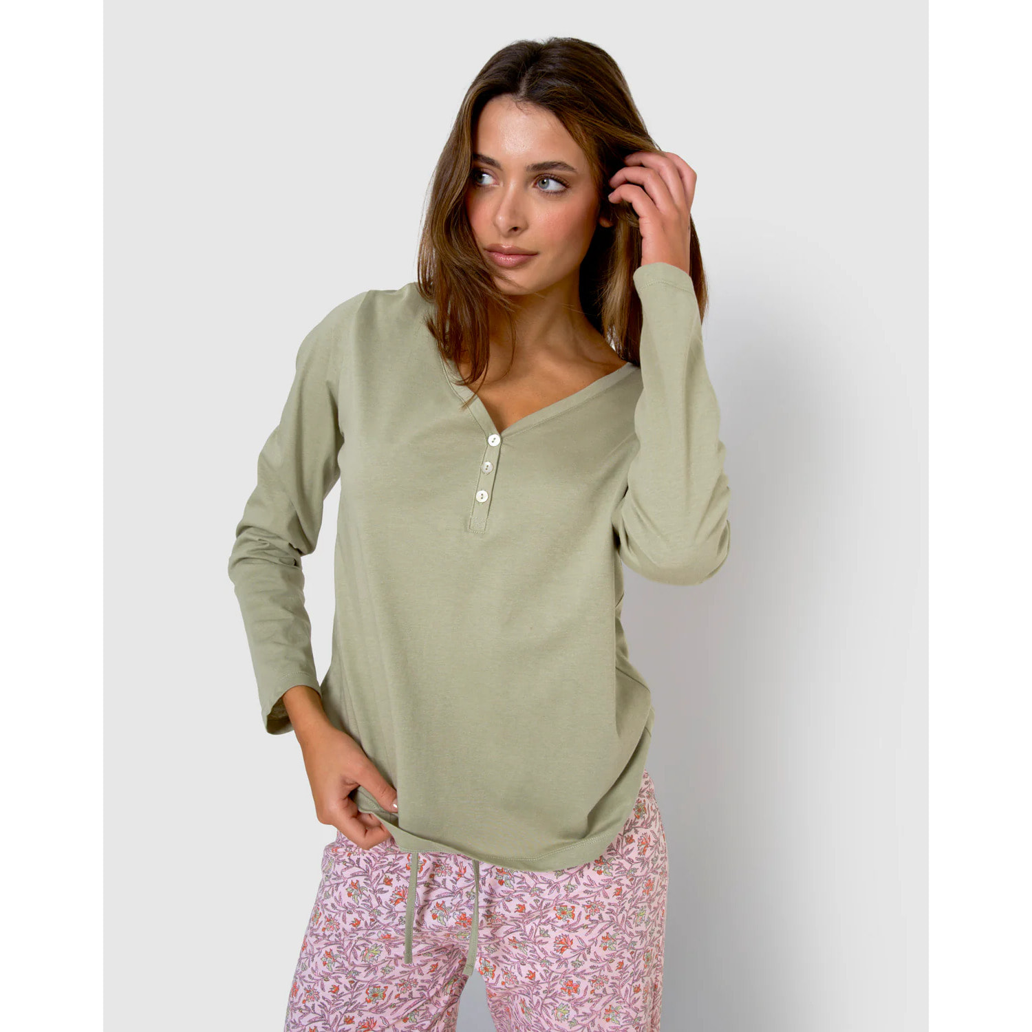 Pigiama lungo in cotone con scollo a v, verde, stile nidila