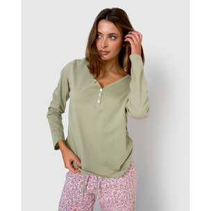 Pigiama lungo in cotone con scollo a v, verde, stile nidila