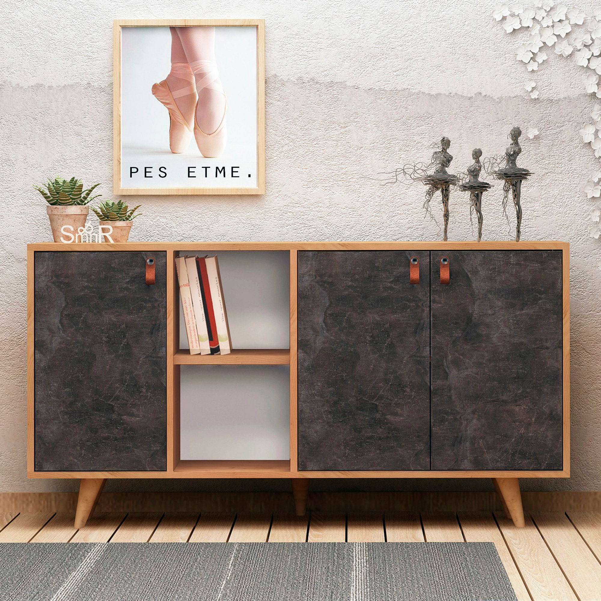 Mueble de roble oscuro con 100% tablero aglomerado rechapado en melamina.