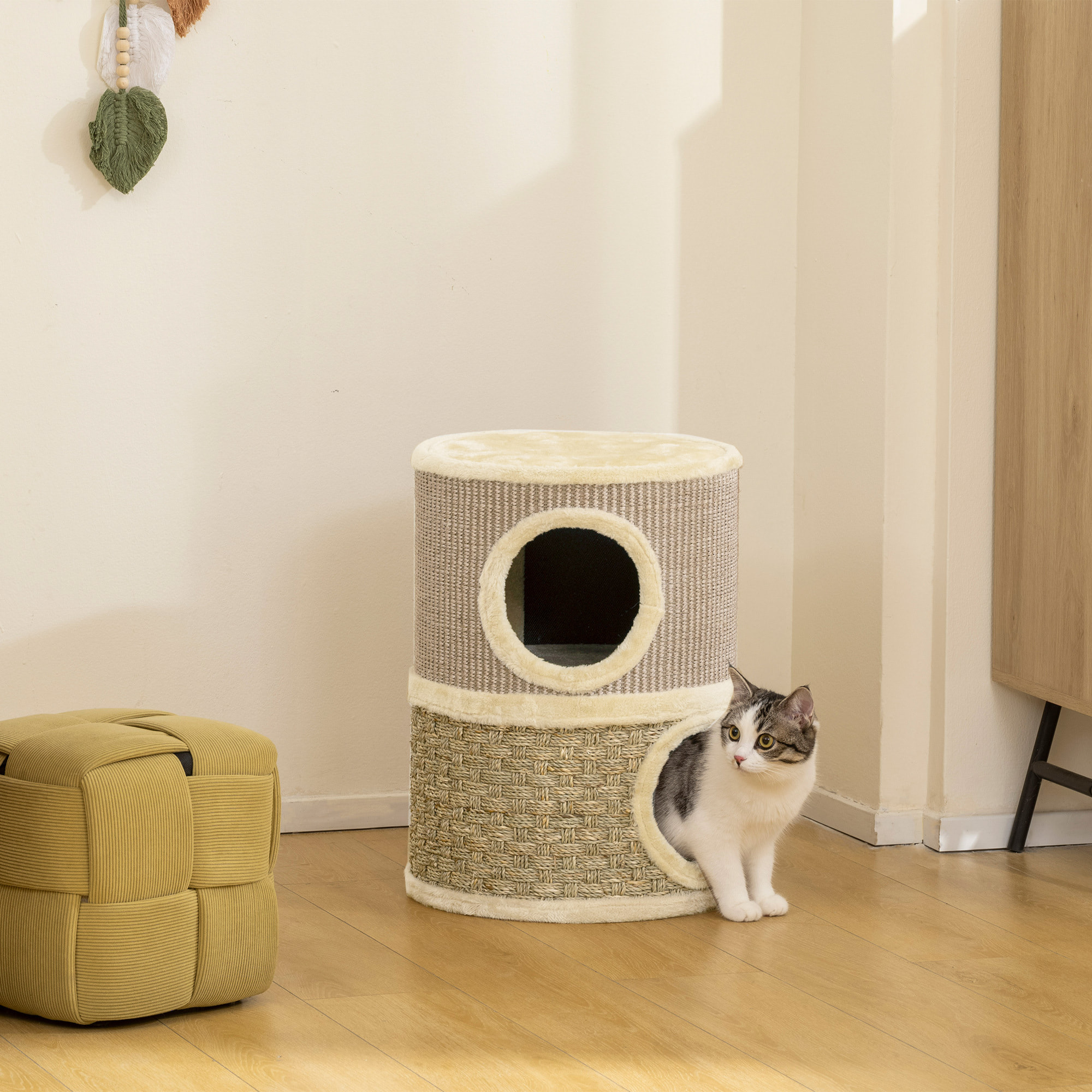 Barril Rascador para Gatos de 2 Niveles, Altura 49 cm, Tonel de Escalada con Cama, Cubierto de Sisal, Torre Rascador para Gatos, Ø35,5x49 cm, Caqui y Café