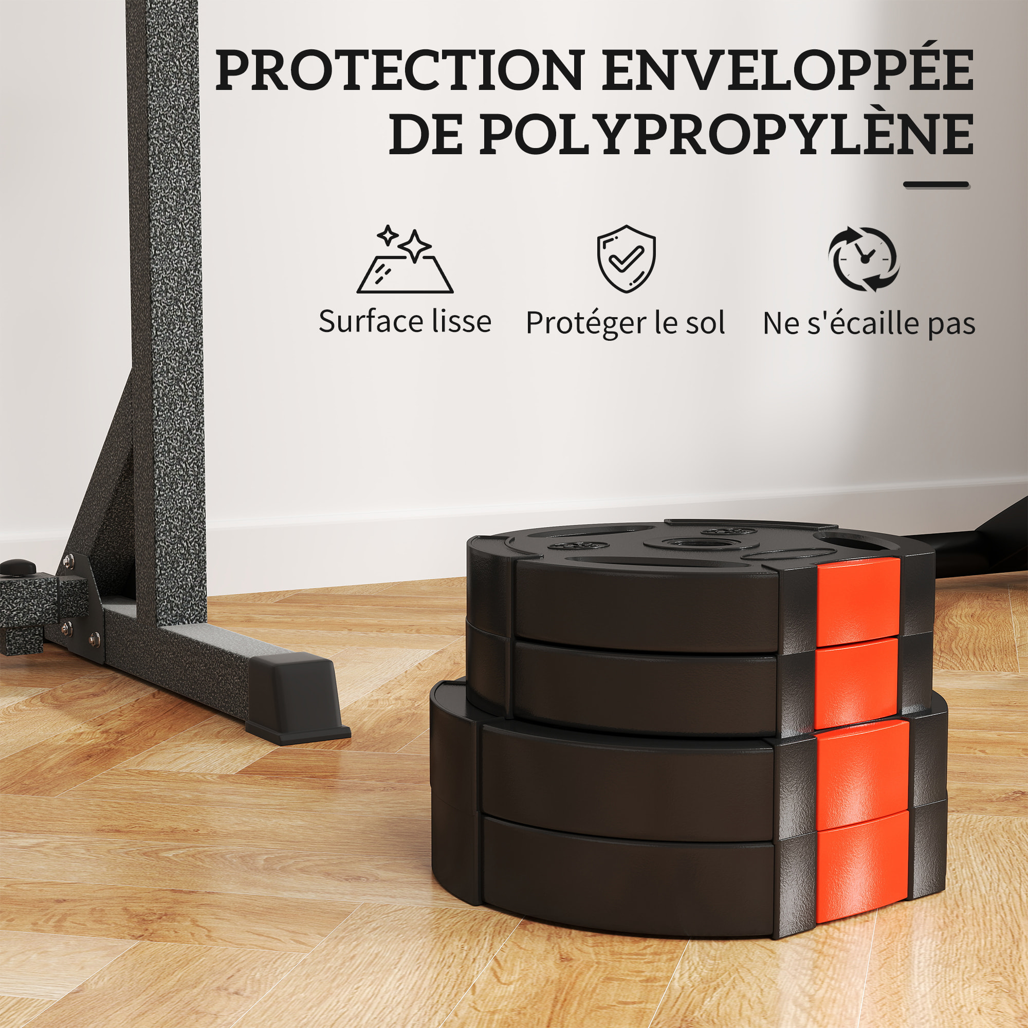 Disques de poids 2 x 5Kg + 2 x 2,5Kg - 3 poignées - trous de Ø25 mm - revêtement PP noir