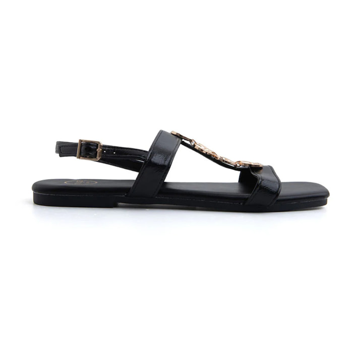 Sandalo flat con dettagli leaf gold - NERO