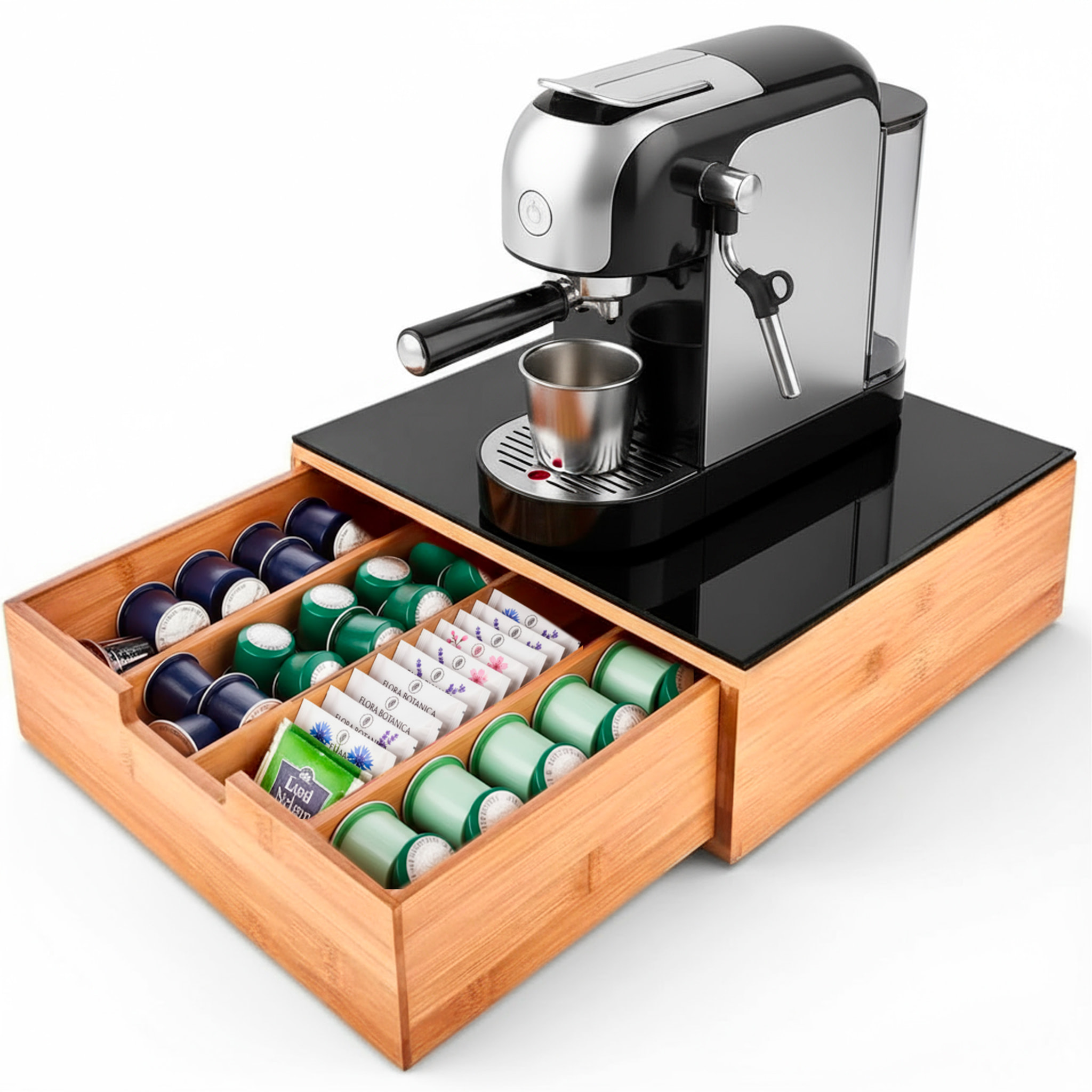 Porta Cialde In Bambù Con Cassetto 4 Scomparti R Ripiano in Vetro Organizer Capsule Caffè Cialde Bustine Tè Tisane Zucchero Design 30 x 30 x 10 Cm