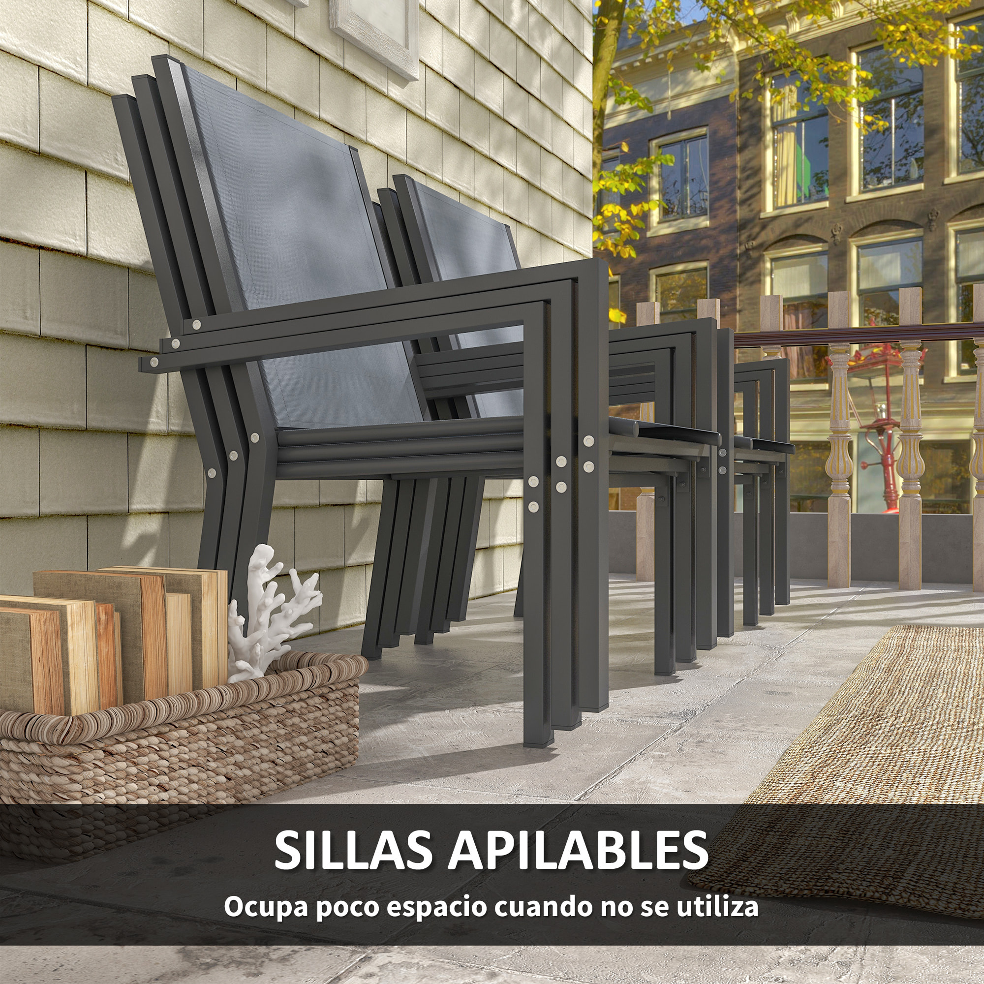 Conjunto de Mesa y Sillas Jardín de 7 Piezas, Muebles de Jardín Exterior con 6 Sillas Apilables y Marco de Acero, para Terraza, Patio, Gris Claro