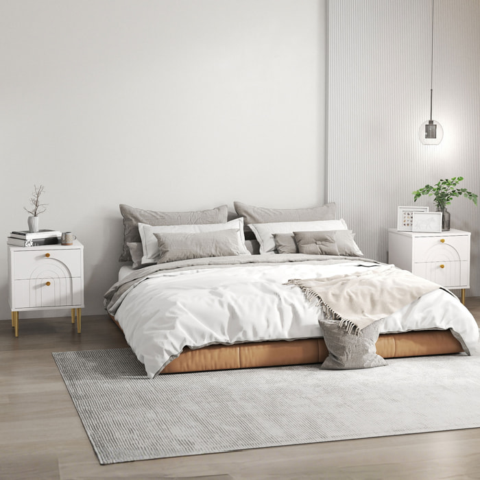 Pack de 2 Mesitas de Noche Mesillas de Noche Dormitorio con 2 Cajones y Patas de Acero Estilo Moderno 40x35x50 cm Blanco
