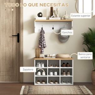 Recibidor con Perchero y Banco Zapatero 2 en 1 Muebles de Entrada con 3 Ganchos y Estantes para 9 Pares de Zapatos 75x30x50 cm y 75x20x22,5 cm Blanco