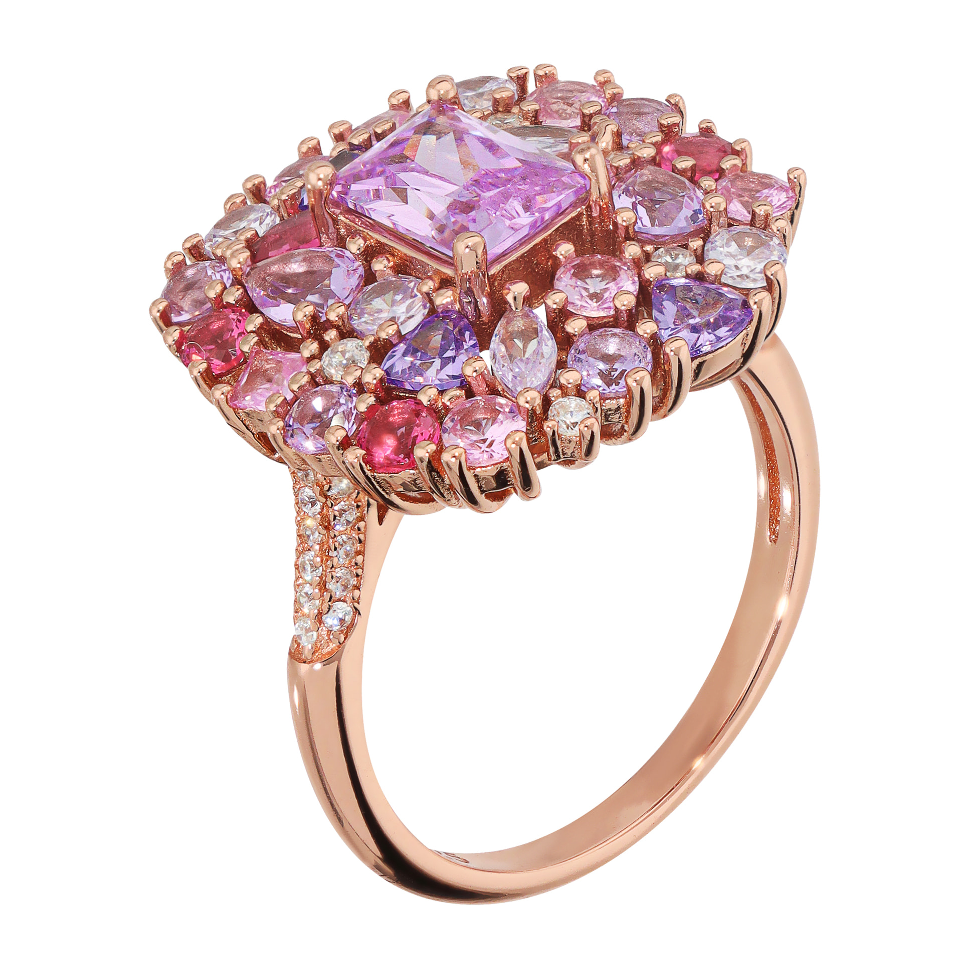 Anello Cocktail in Argento 925 con Pavé Misto di Cubic Zirconia Rosa e Viola Effetto Degradé