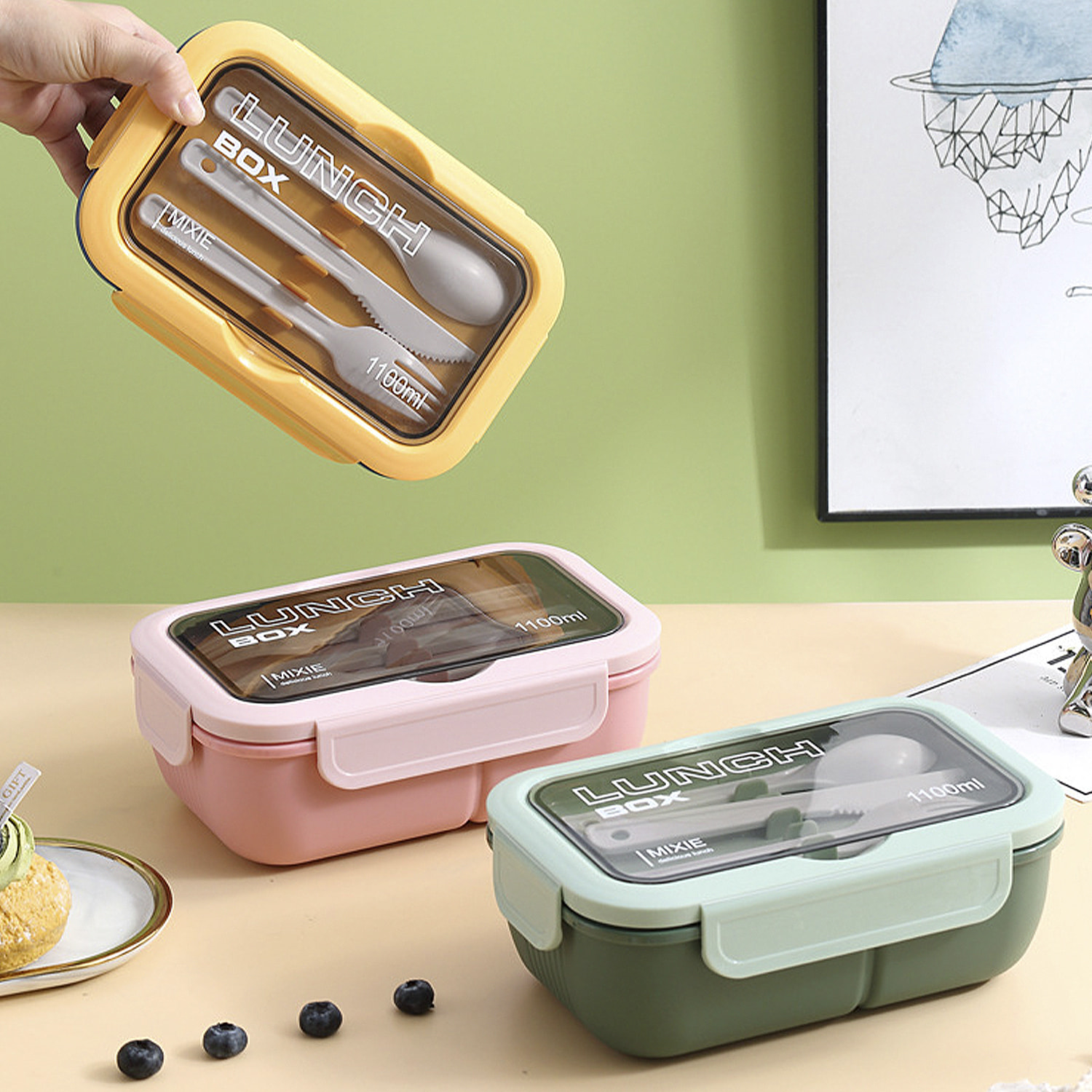 Fiambrera hermética apilable para guardar alimentos, de 1100ml, incluye tazón con tapa y cubiertos.