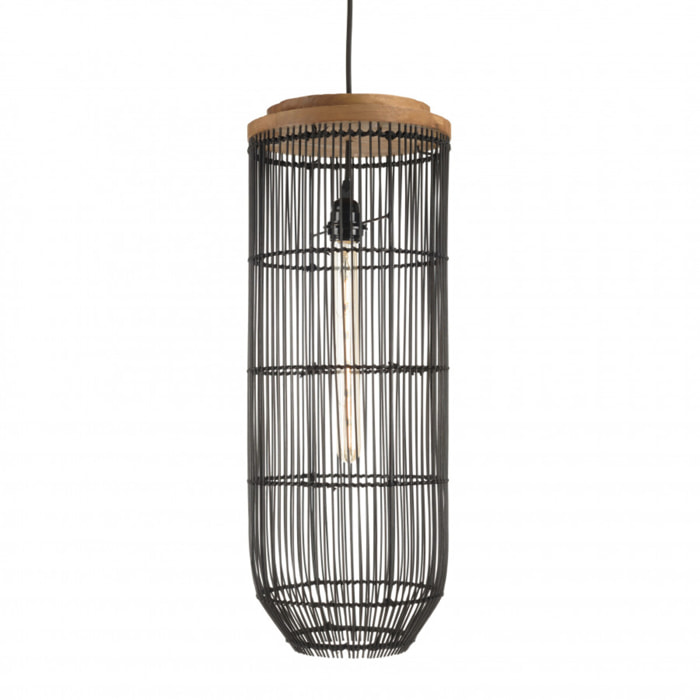 ALIDA - Suspension 'longue' 25x25cm en rotin couleur noire et teck