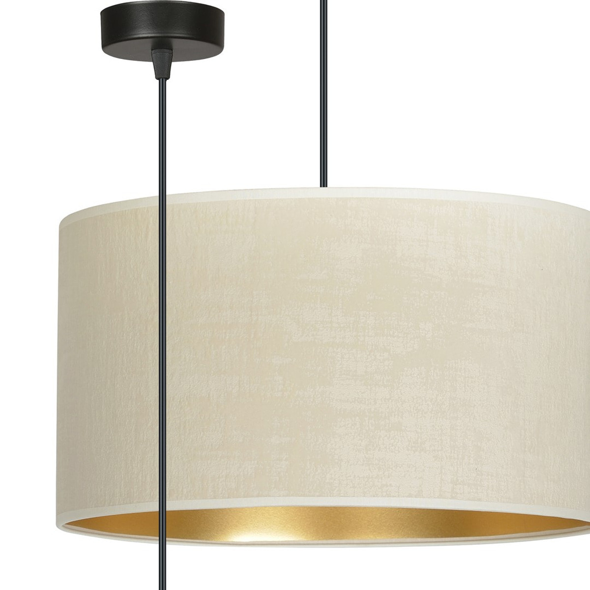 Lampada a sospensione Hilde con paralume in velluto bianco e interno oro