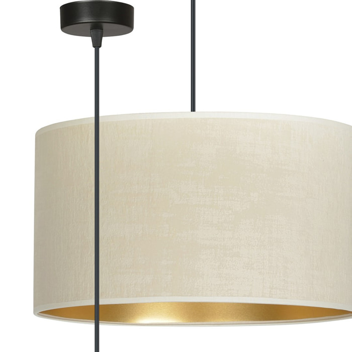 Lampada a sospensione Hilde con paralume in velluto bianco e interno oro