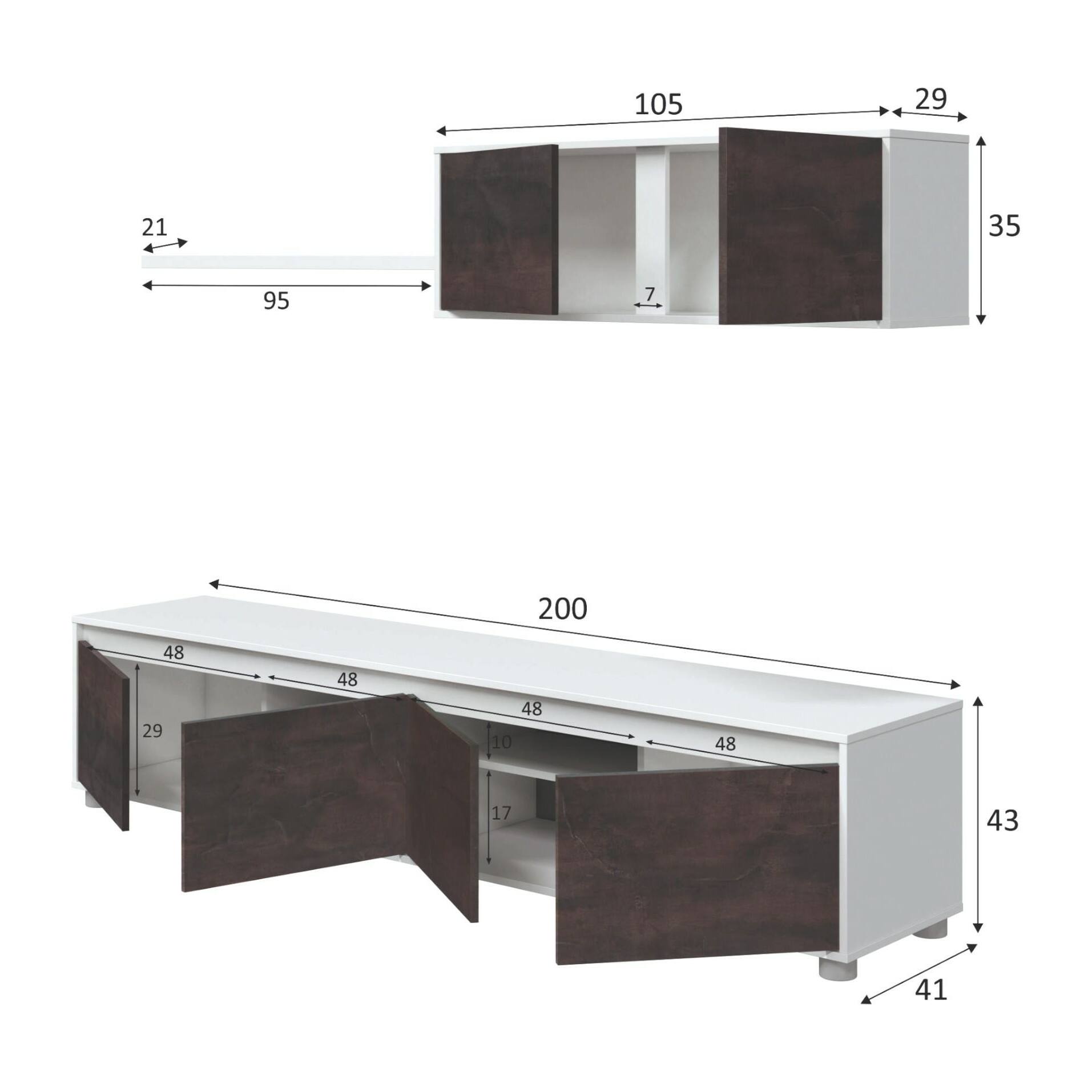 Parete attrezzata Amir, Mobile da soggiorno porta TV, Composizione set salotto, Set salotto con pensile, 200x41h43 cm, Bianco e Ossido