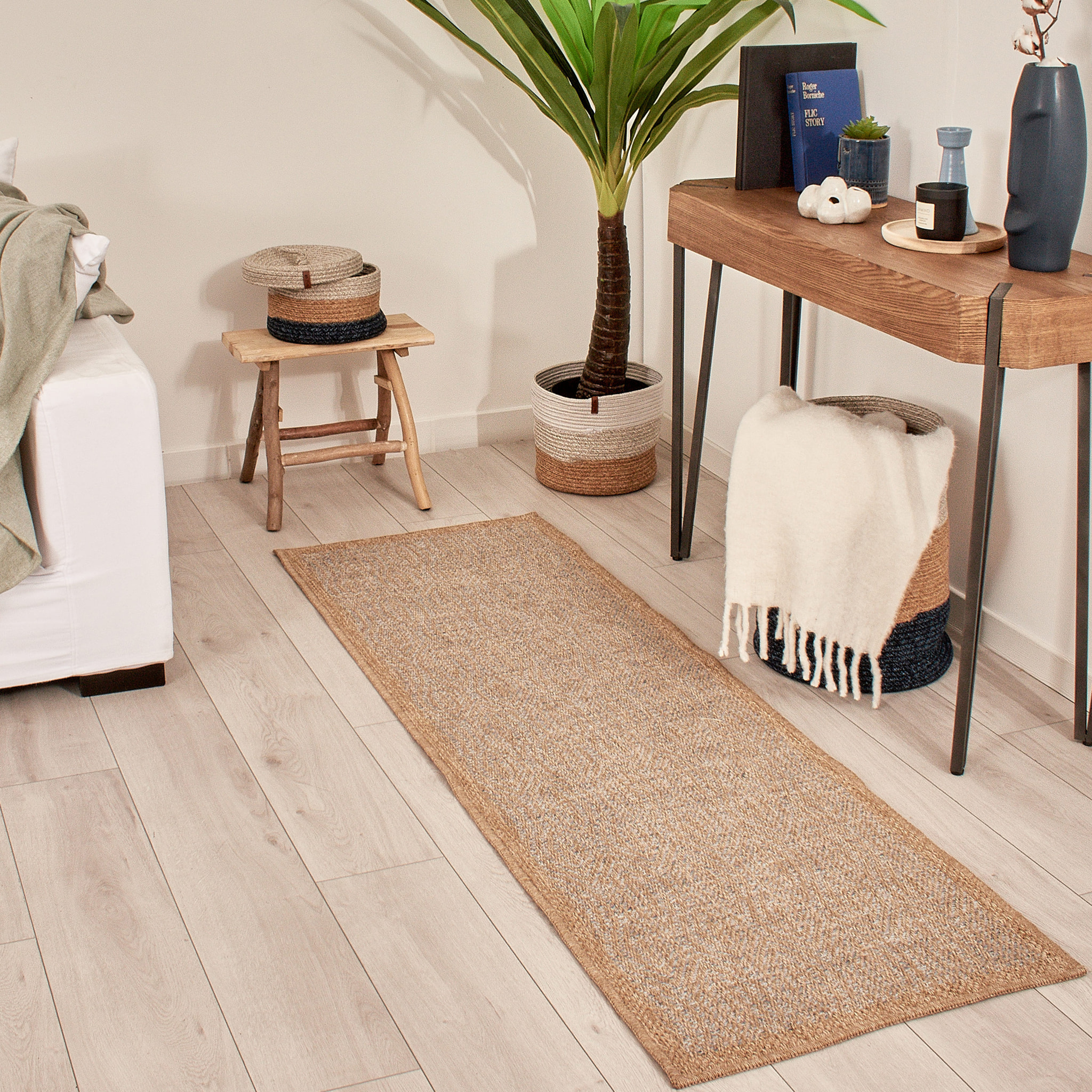 Tapis effet jute motif bleu