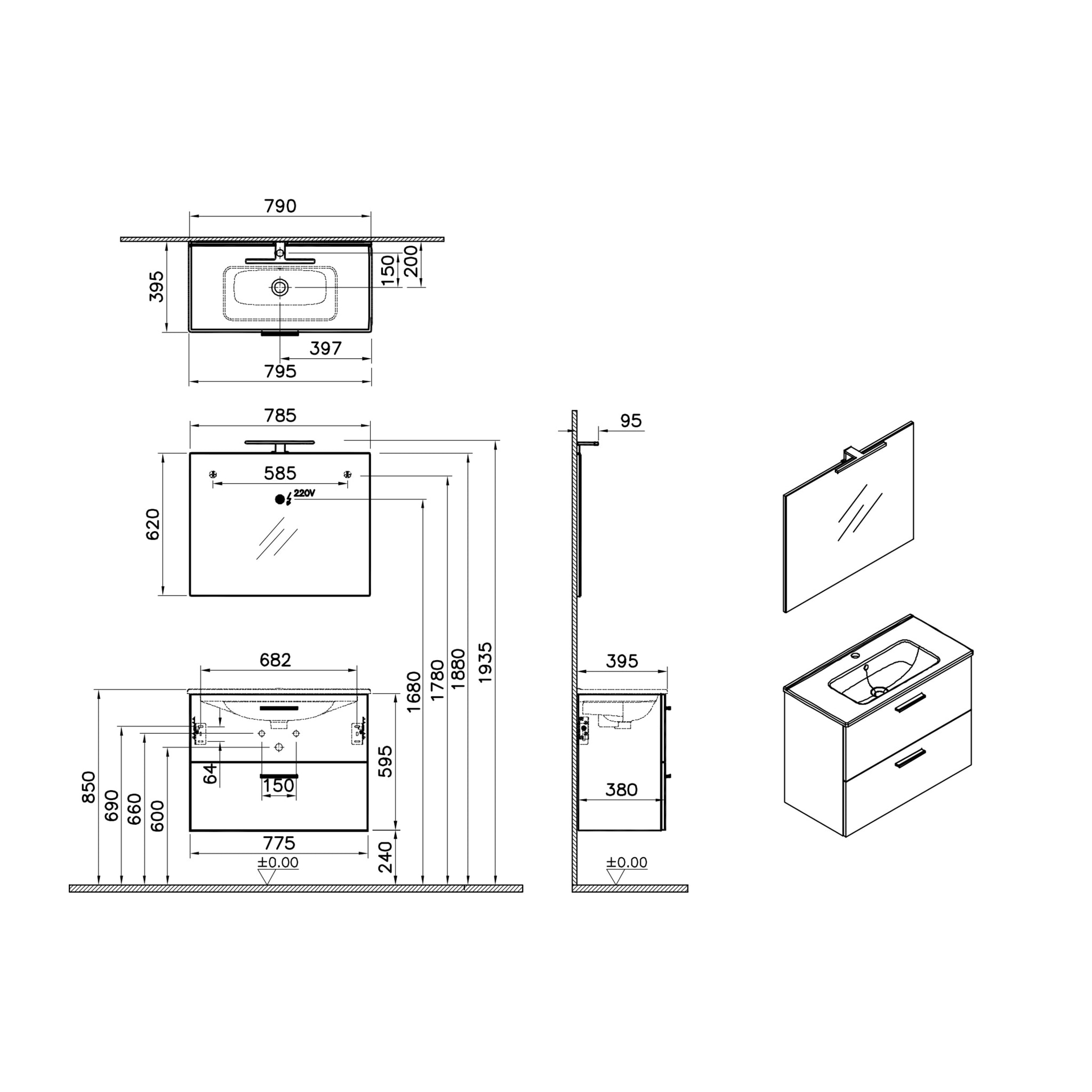 Set Mia ensemble meuble 79x61x39,5 cm  avec miroir, lavabo, éclairage LED + armoire 145x35x35cm, Anthracite brillant
