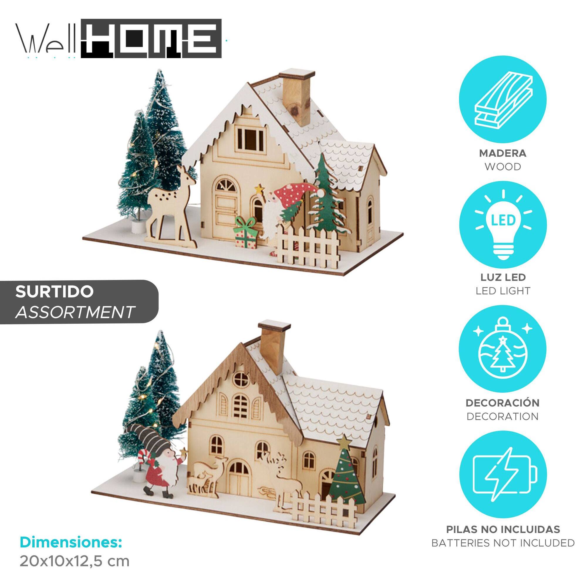 Casa navideña decorativa con 11 luces led en blanco cálido 20x10x12,5cm - 2 diseños (surtido)
