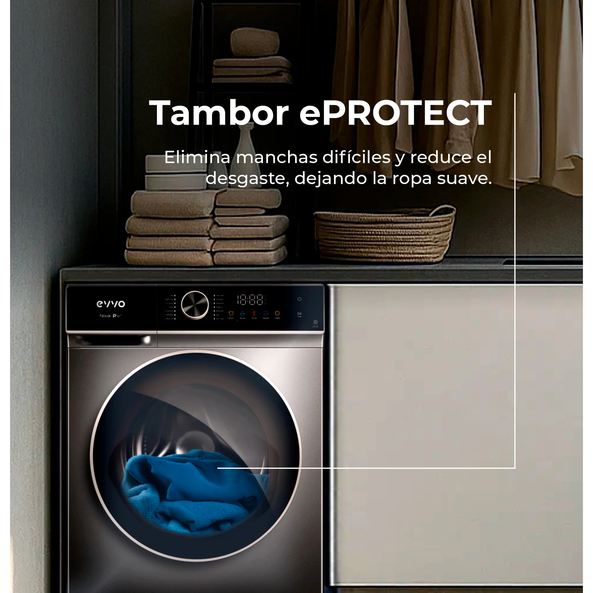 EVVO Lavadora 10 kg carga frontal Nova P10, 1200 rpm, Clase energética A, , Lavado Rápido 15', SMART LOAD, Tambor ePROTECT, Inicio diferido, Inox