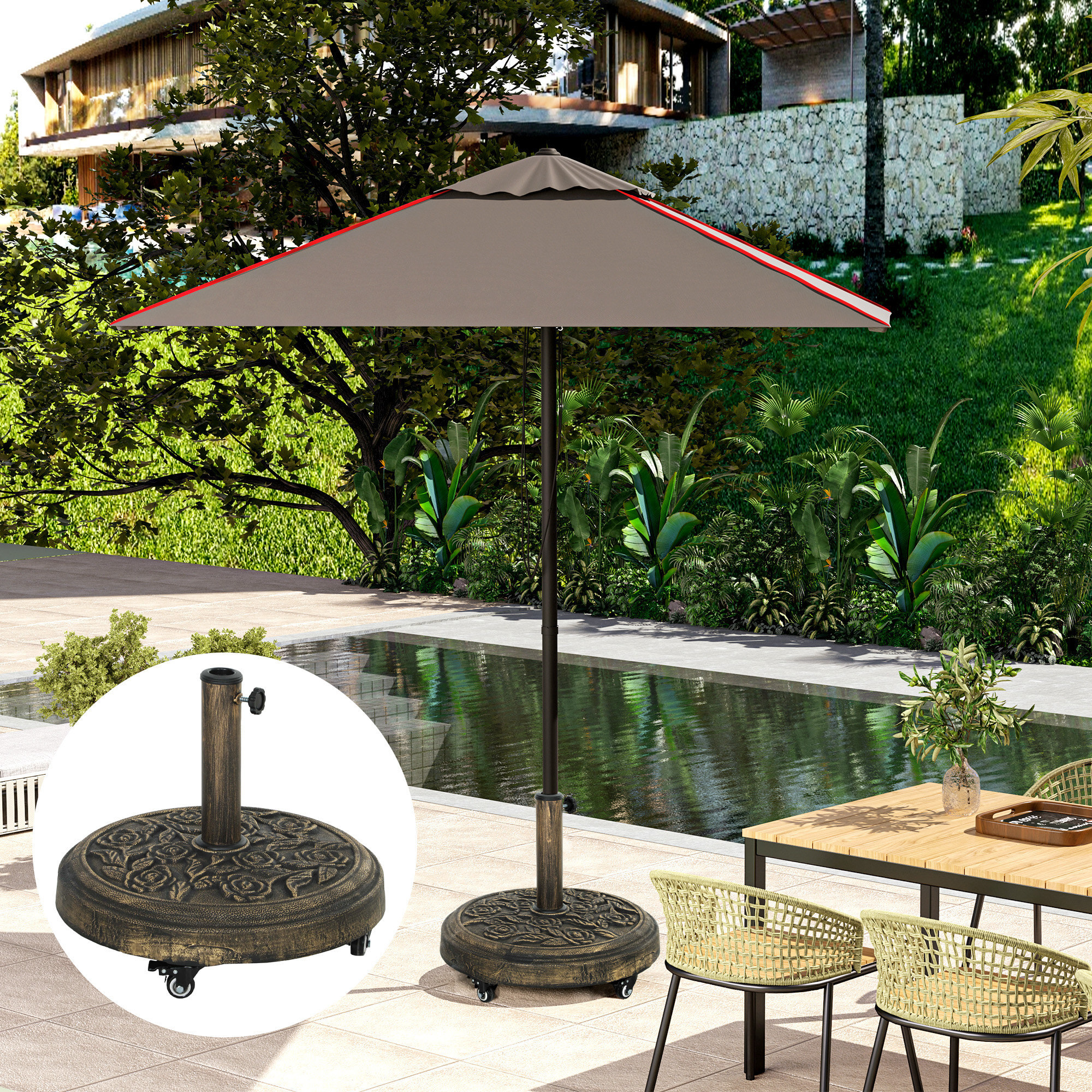 Base para Sombrilla Redonda Soporte para Parasol con Ruedas Pie para Sombrilla Relleno de Cemento Peso 21 kg para Jardín Terraza Bronce