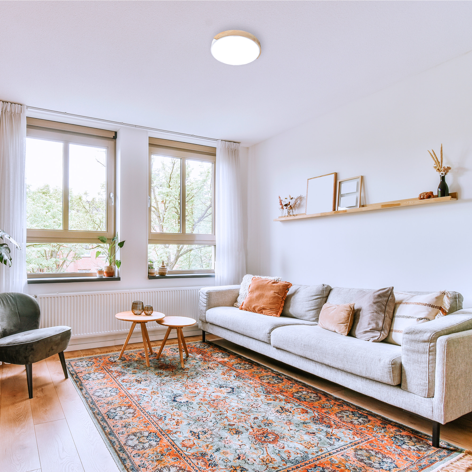 Forlight - Plafón LED 64W Regulable, Luz Ajustable 3000K-6000K, Diseño Moderno Blanco y Madera, Diámetro 61 cm, Ideal para Interiores Acogedores y Luminosos