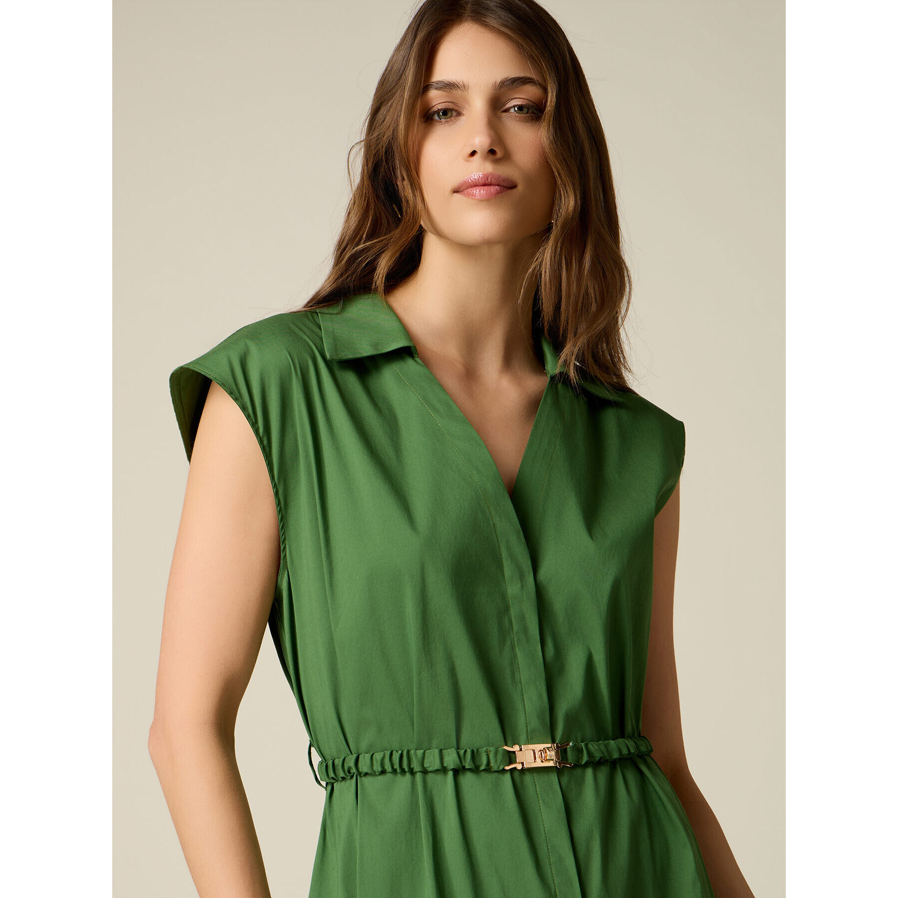 Oltre - Vestido camisero en popelín con cinturón - Verde
