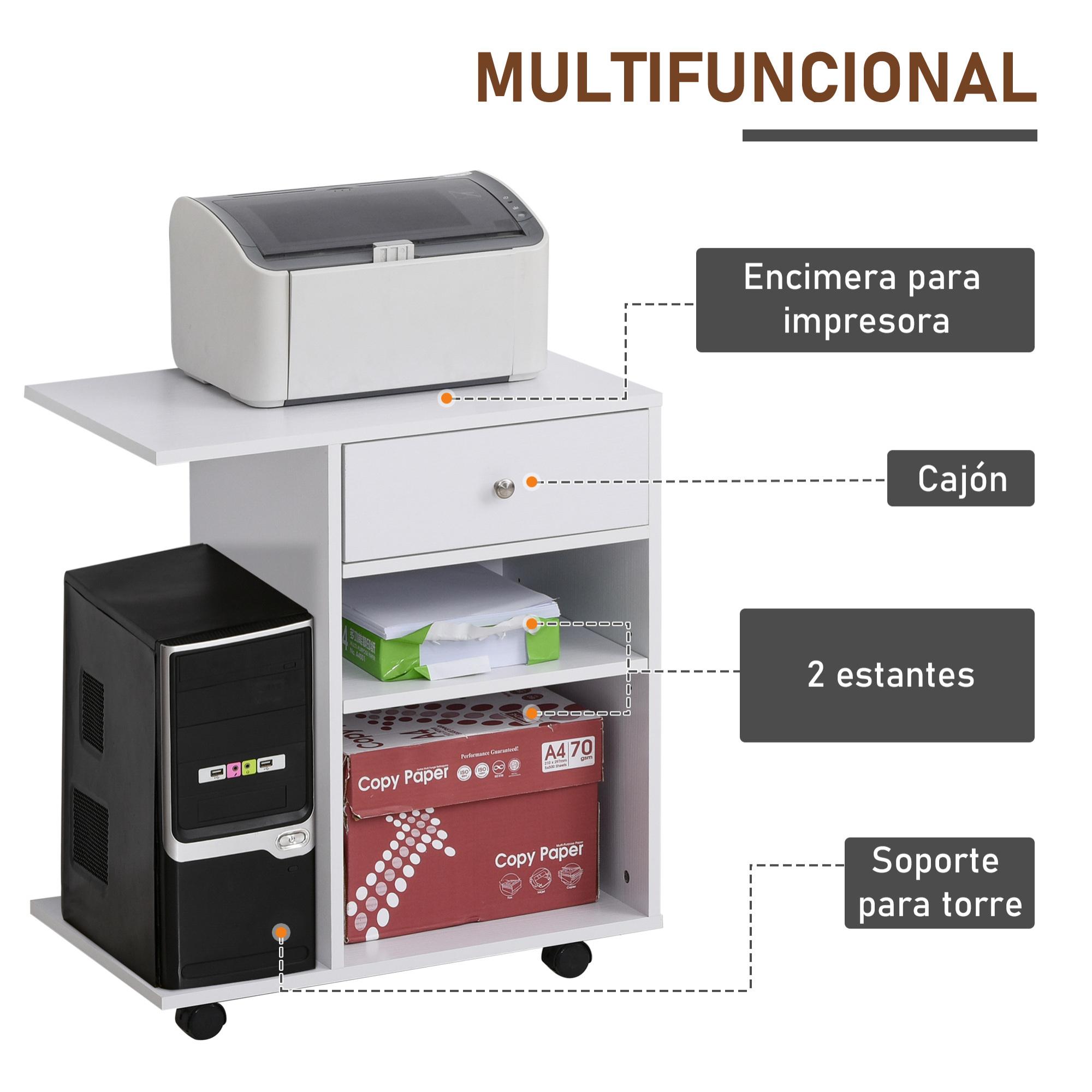 Armario para Impresora de Oficina Carro Multifuncional con Ruedas 2 Compartimentos Cajón y Soporte para CPU Estante Ajustable para Estudio 60x40x68,5 cm Blanco Veteado de Madera