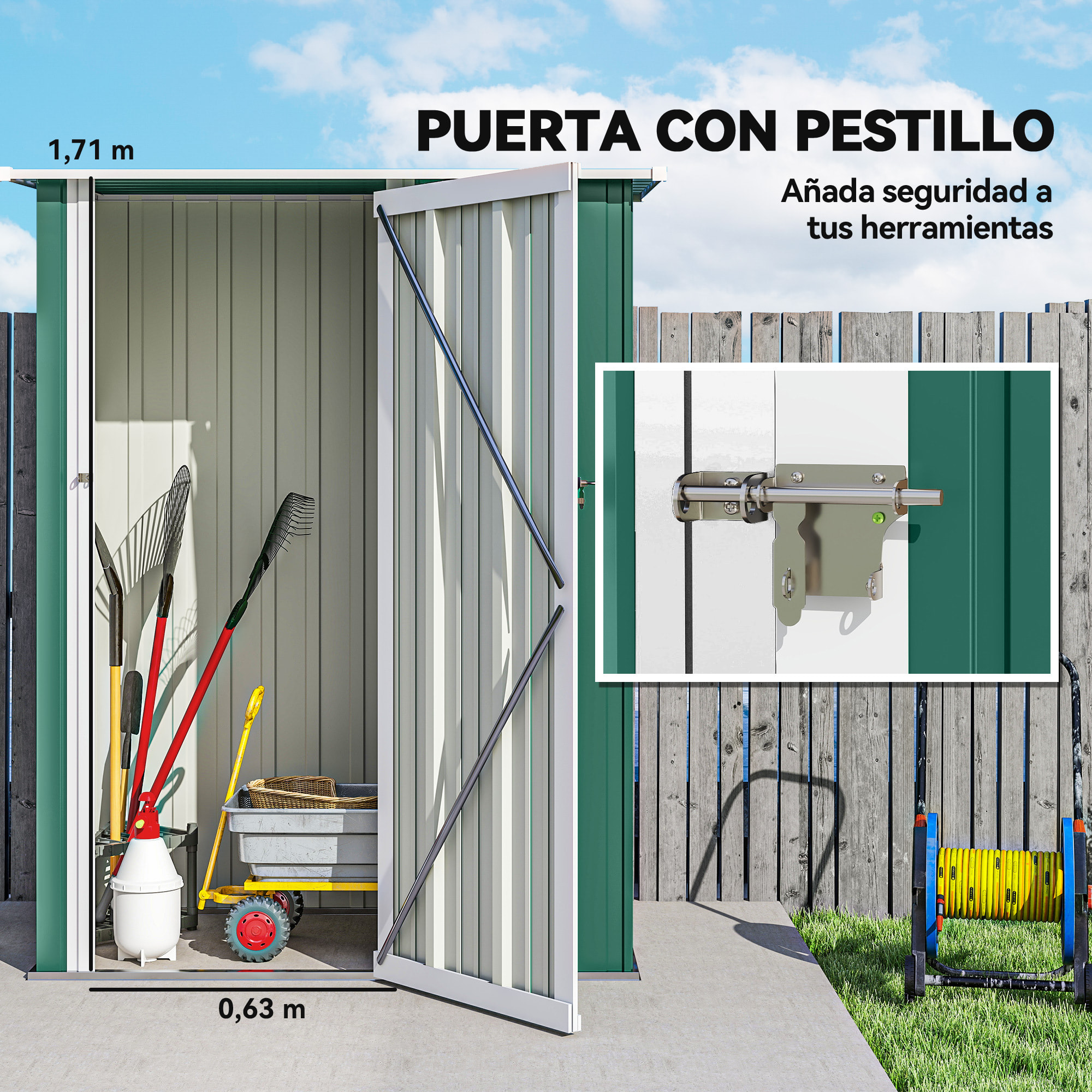 Caseta de Jardín 1,07 m² 142x86x189 cm Cobertizo Exterior Metálico con Puerta Cerradura y Orificios de Drenaje para Almacenamiento de Herramientas Verde