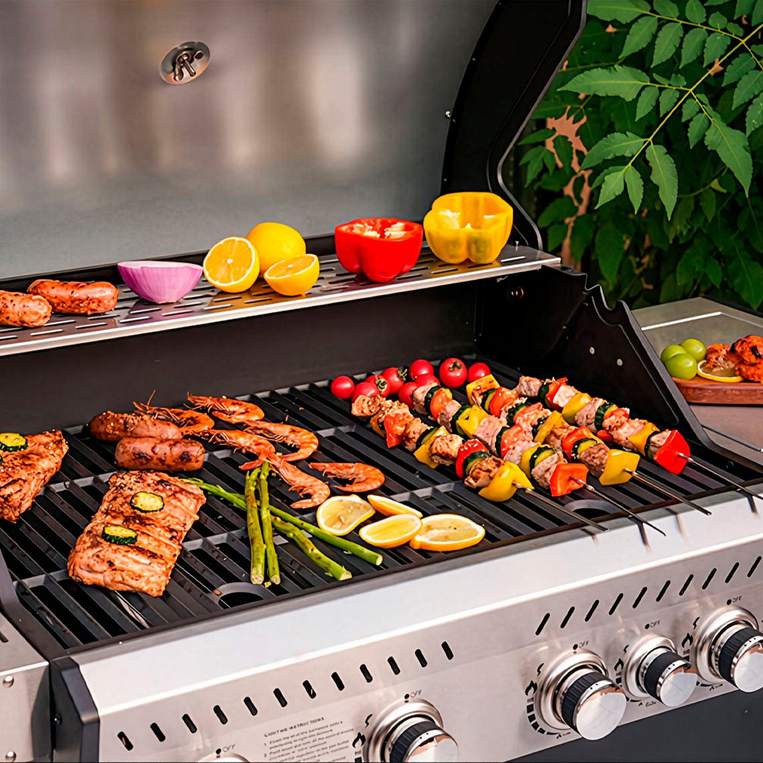 Barbecue a gas per esterni con potenza di 14,5 kW, compatibile con butano e propano, 4 bruciatori principali più 1 laterale.