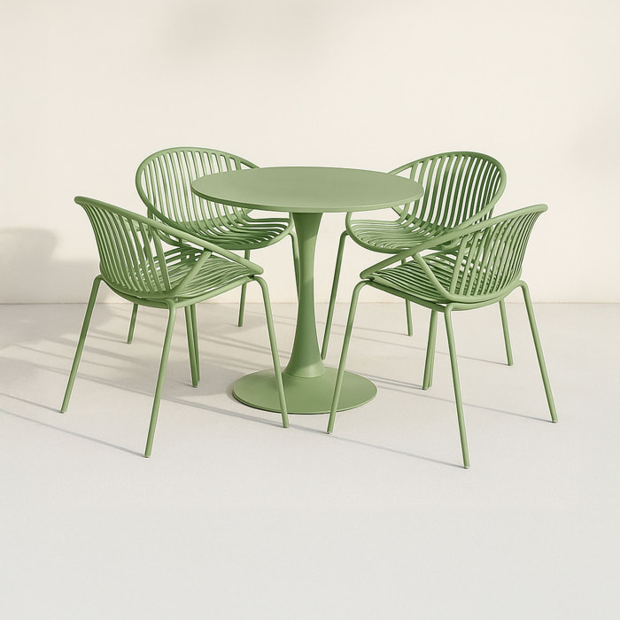 Ensemble de repas table et 4 fauteuils en polypropylène vert CALYPSO