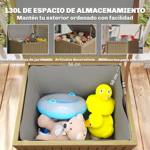 Arcón Exterior de Madera, 130L, Baúl Almacenaje Exterior con Forro, Tapa con Bisagras y Correa, Impermeable, Resistente a la Intemperie, para Jardín, Terraza, Patio, 63x51x58,5 cm, Marrón
