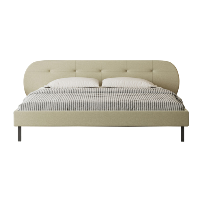 RENO Lit capitonné 140x190cm beige avec tête de lit et sommier