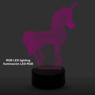 Lámpara ambiental efecto 3D, diseño Unicornio, base efecto madera. Luz LED.