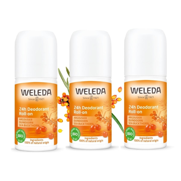 WELEDA -Trio Déodorant roll-on 24H Argousier - 100% d'origine naturelle - Vegan* - Certifié Natrue** - Roll-on  50 ml x 3