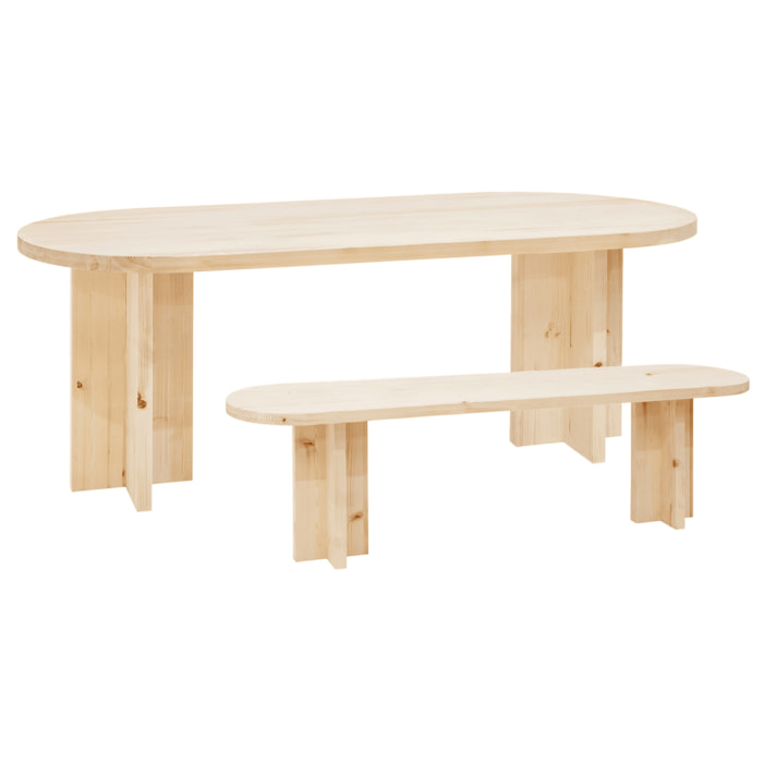 Pack table à manger ovale et banc en bois massif ton naturel en différentes tailles