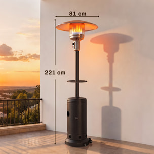 Estufa de Gas Butano 13 kW, Calefactor de Gas Terraza Exterior con Mesa Ø40 cm, Regulación Continua del Calor, Encendido Piezoeléctrico, Antivuelco y 2 Ruedas para Jardín, 30 m², Marrón