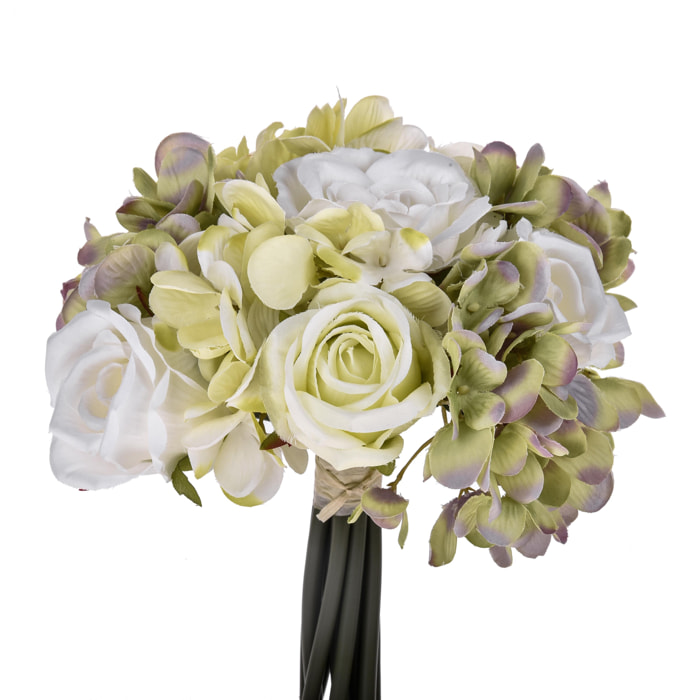 Bouquet Composto Da 11Fiori Di Rose E Ortensie . Altezza 20 Cm - Pezzi 3 - 18X20X5cm - Colore: Bianco - Bianchi Dino - Fiori Artificiali