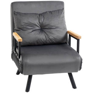 Fauteuil convertible 3 en 1 chauffeuse lit dossier réglable coussin accoudoirs bois velours anthracite