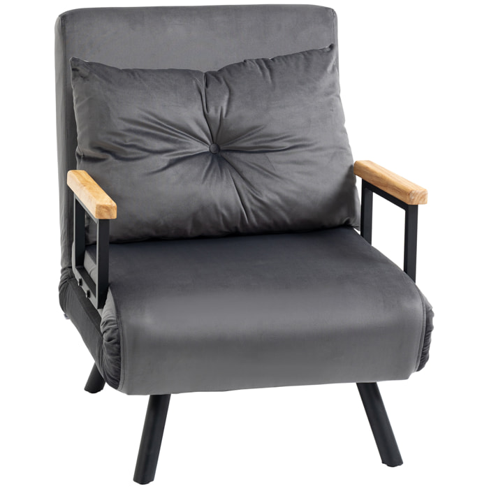 Fauteuil convertible 3 en 1 chauffeuse lit dossier réglable coussin accoudoirs bois velours anthracite
