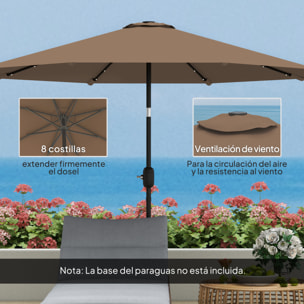 Sombrilla Terraza Exterior, Ø265 cm, Sombrilla de Jardín con 32 Luces LED Solares, Poste de Acero y Manivela de Parasol Inclinable, para Patio, Terraza, Caqui