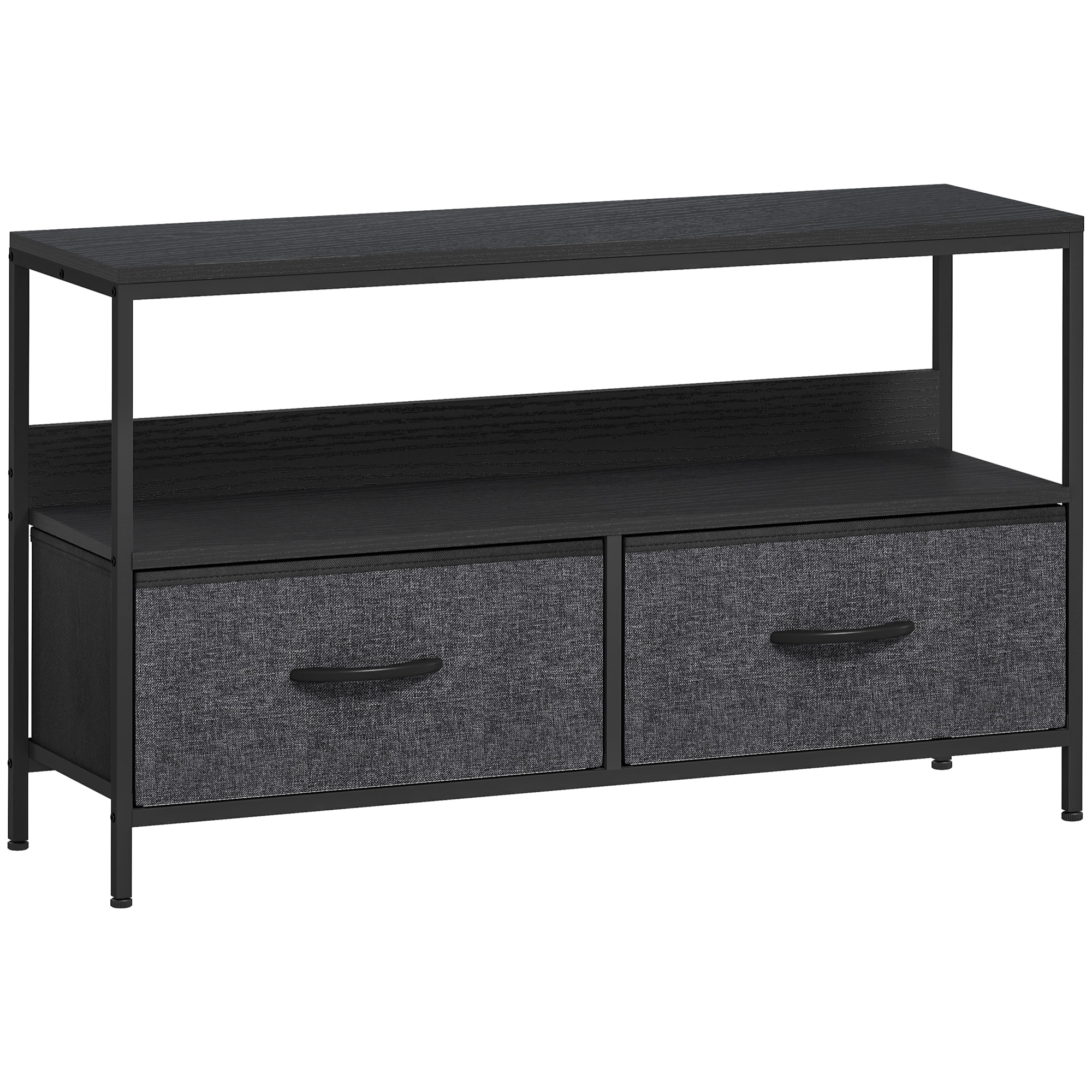 Meuble TV bas sur pieds style industriel 2 tiroirs tissu gris acier MDF noir