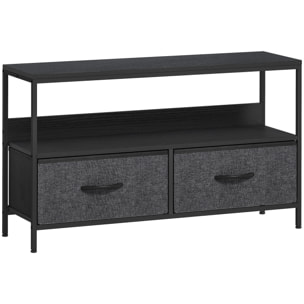 Meuble TV bas sur pieds style industriel 2 tiroirs tissu gris acier MDF noir
