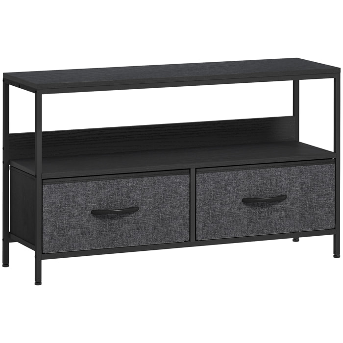 Meuble TV bas sur pieds style industriel 2 tiroirs tissu gris acier MDF noir