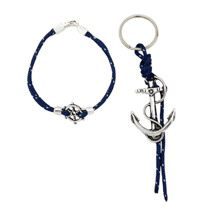 Conjunto pulsera y llavero Marinero en paracord azul jaspe