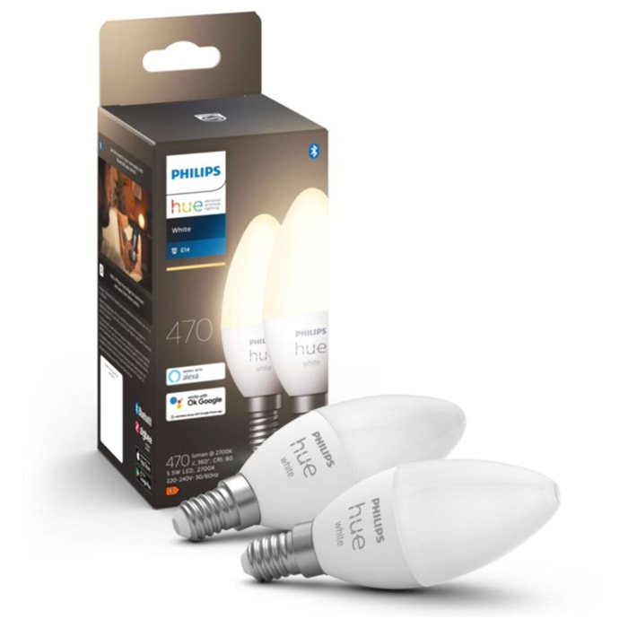 Ampoule LED connectée PHILIPS HUE E14 White Flamme pack de 2