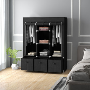 Armoire penderie pliable 5 étagères 2 tringles 3 tiroirs tissu noir
