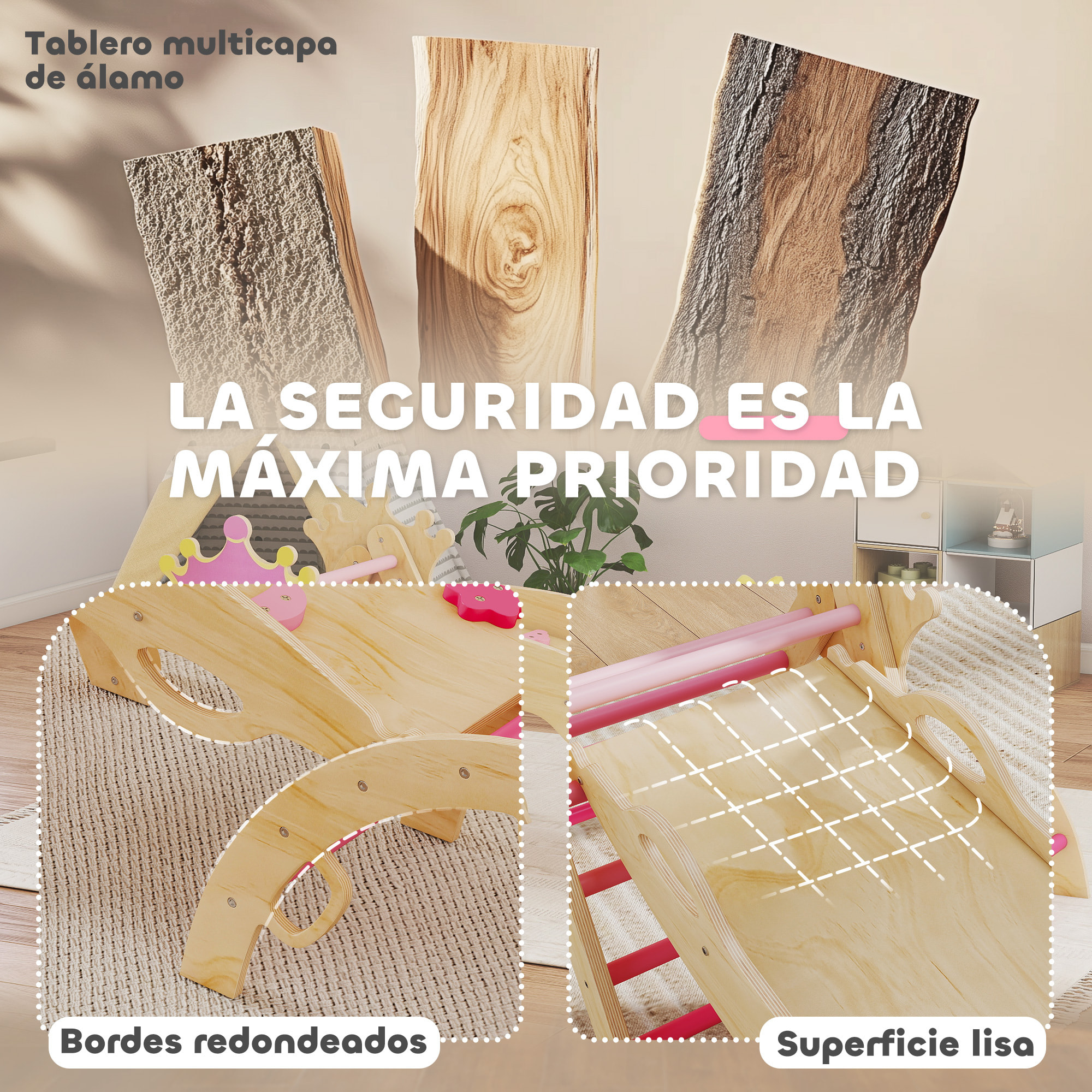 8 en 1 Triángulo de Escalada de Madera, Estructura de Escalada Montessori, Tema de Corona, con Arco y Rampa para Deslizarse o Escalar, para Niños de 18-48 Meses, Interiores, Rosa