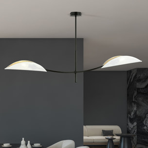 Lampada a sospensione Lotus in acciaio nero con paralumi bianco e oro