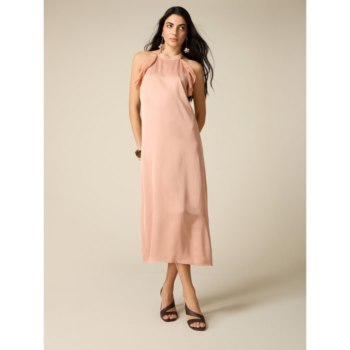 Oltre - Vestido largo de satén con volante - Rosa