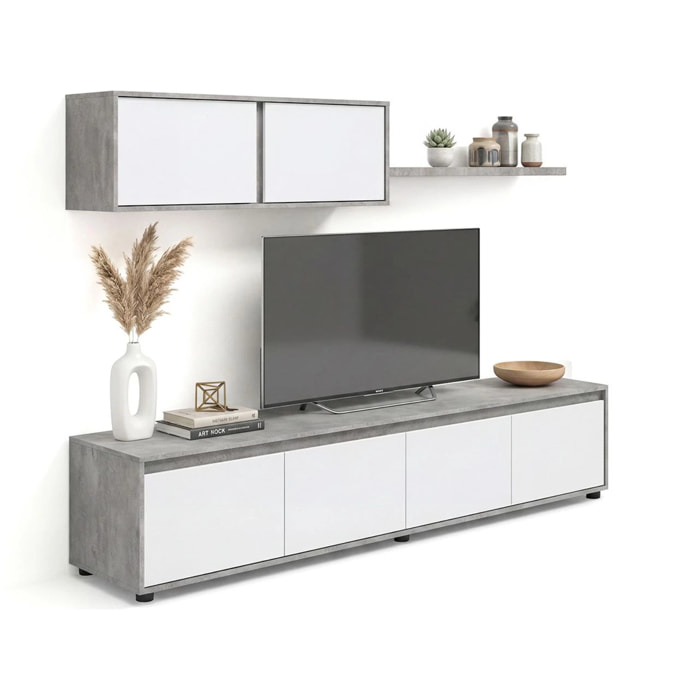 Salón con mueble de TV y estantería en gris cemento y blanco artik 200 cm Arlet Gris cemento - Blanco Artik (Blanco Mate)