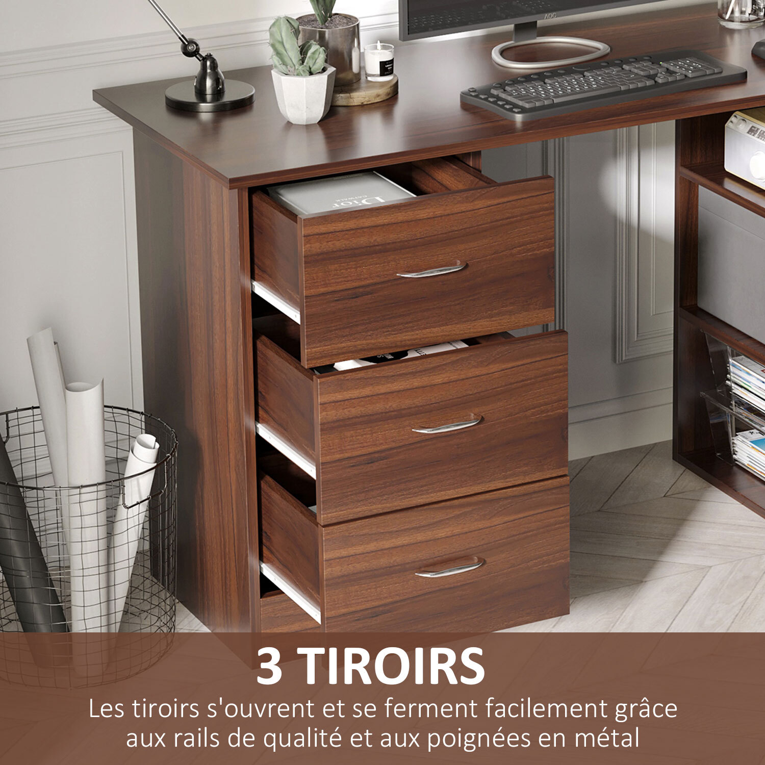 Bureau informatique table multi-fonctions 3 tiroirs 2 étagères dim. 120L x 49l x 72H cm MDF aspect noyer