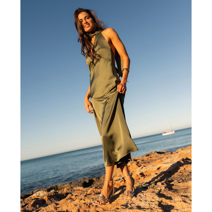Vestido midi con escote halter y lazada