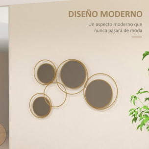 Espejo Decorativo de Pared de Metal 3D Adorno de Pared Metálico con 4 Espejos Redondos para Salón Dormitorio Pasillo 110x68 cm Dorado